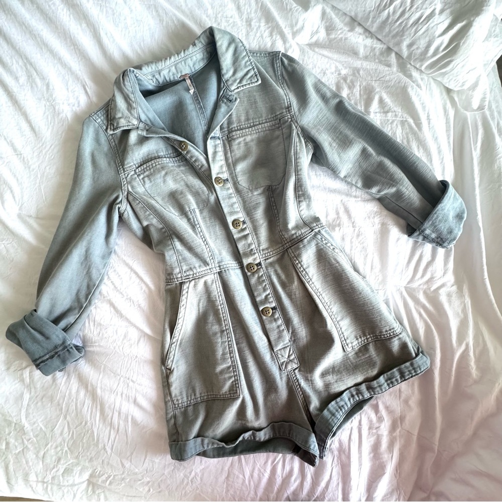 Free People Blue Denim Long Sleeve Utility Sleeve Romper